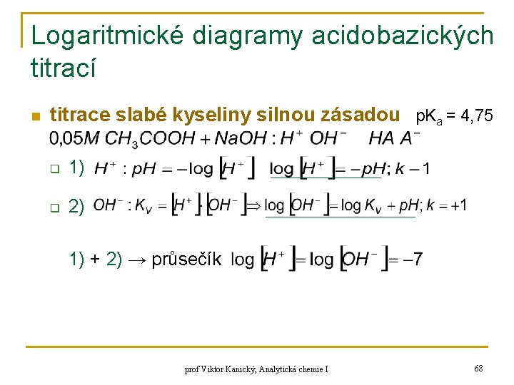 Logaritmické diagramy acidobazických titrací n titrace slabé kyseliny silnou zásadou p. Ka = 4,