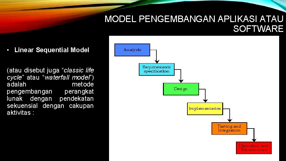 MODEL PENGEMBANGAN APLIKASI ATAU SOFTWARE • Linear Sequential Model (atau disebut juga “classic life