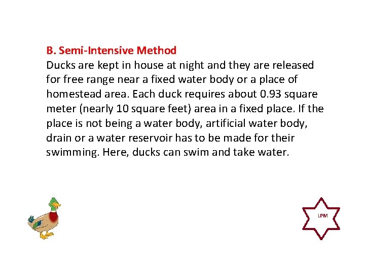 B. Semi-Intensive Method Ducks are kept in house at night and they are released