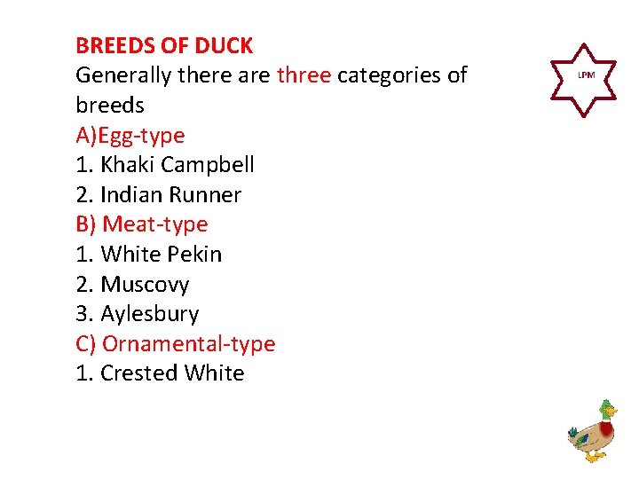 BREEDS OF DUCK Generally there are three categories of breeds A)Egg-type 1. Khaki Campbell