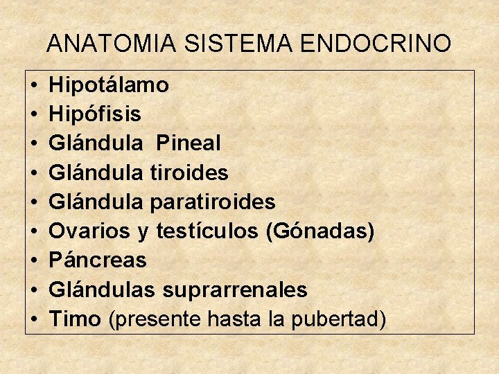 ANATOMIA SISTEMA ENDOCRINO • • • Hipotálamo Hipófisis Glándula Pineal Glándula tiroides Glándula paratiroides