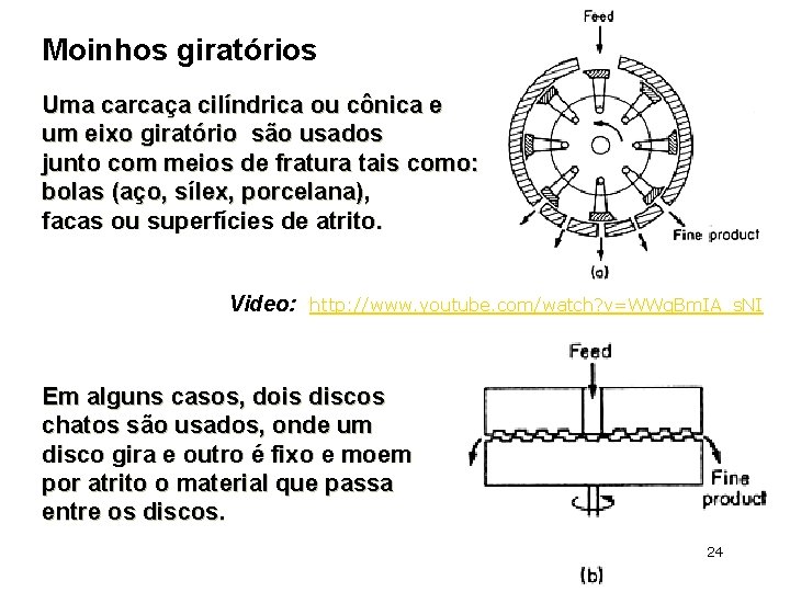 Moinhos giratórios Uma carcaça cilíndrica ou cônica e um eixo giratório são usados junto