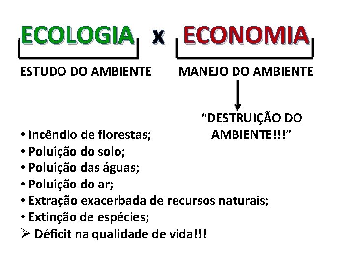 ECOLOGIA x ECONOMIA ESTUDO DO AMBIENTE MANEJO DO AMBIENTE “DESTRUIÇÃO DO AMBIENTE!!!” • Incêndio