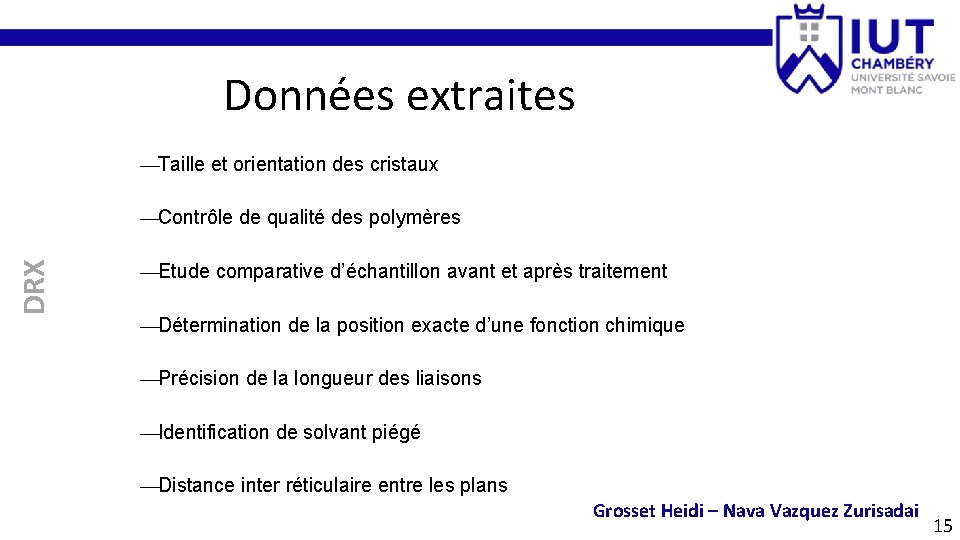 Données extraites —Taille et orientation des cristaux DRX —Contrôle de qualité des polymères —Etude