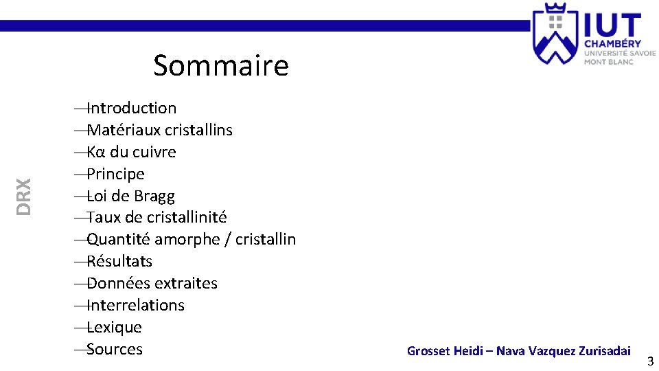 DRX Sommaire —Introduction —Matériaux cristallins —Kα du cuivre —Principe —Loi de Bragg —Taux de