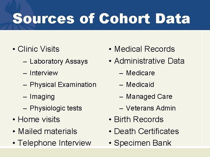 Sources of Cohort Data • Clinic Visits – Laboratory Assays • Medical Records •