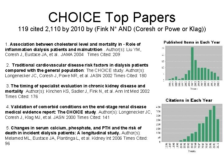 CHOICE Top Papers 119 cited 2, 110 by 2010 by (Fink N* AND (Coresh CHOICE Top Papers 119 cited 2, 110 by 2010 by (Fink N* AND (Coresh