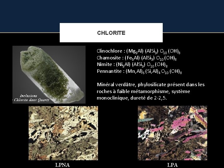 CHLORITE Clinochlore : (Mg 5 Al) (Al. Si 3) O 10 (OH)8 Chamosite :