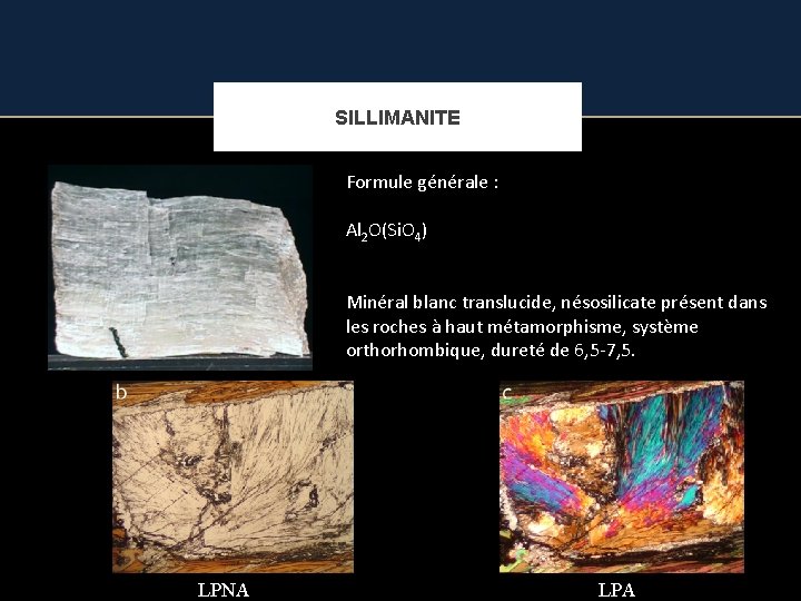 SILLIMANITE Formule générale : Al 2 O(Si. O 4) Minéral blanc translucide, nésosilicate présent