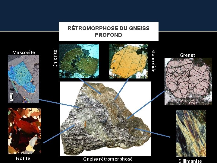 RÉTROMORPHOSE DU GNEISS PROFOND Biotite Chlorite Staurotide Muscovite Gneiss rétromorphosé Grenat Sillimanite 