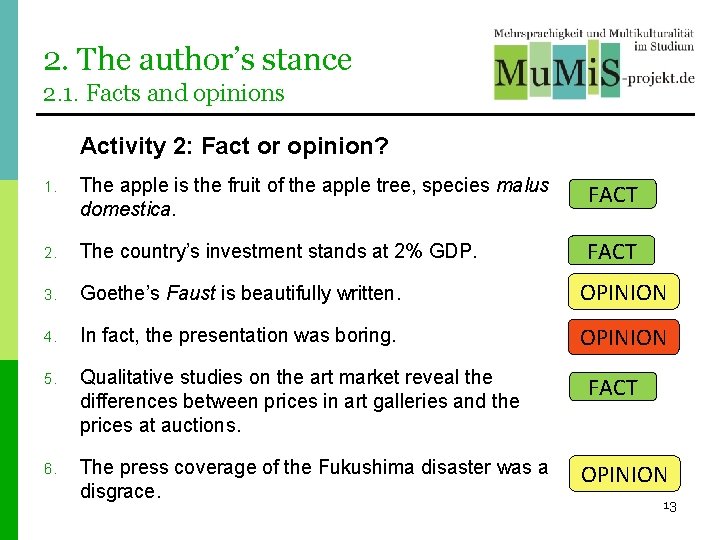 2. The author’s stance 2. 1. Facts and opinions Activity 2: Fact or opinion? 2. The author’s stance 2. 1. Facts and opinions Activity 2: Fact or opinion?