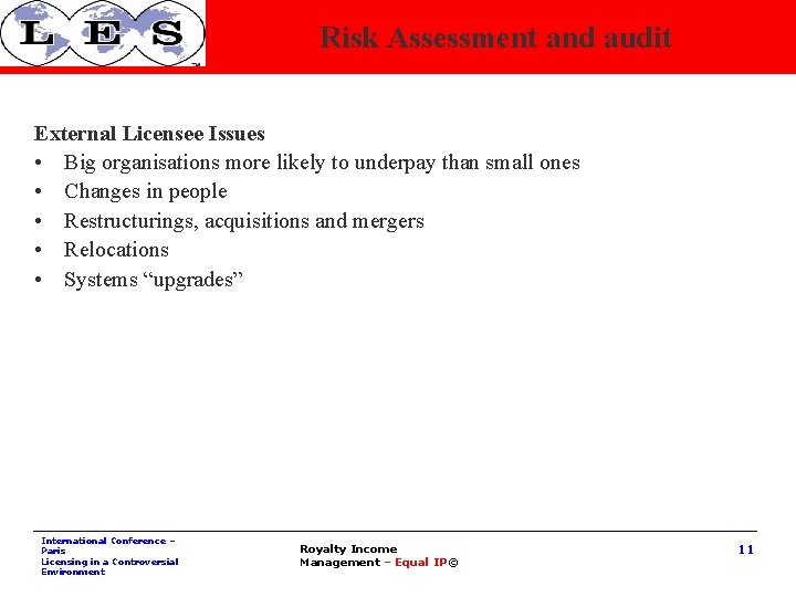 Risk Assessment and audit External Licensee Issues • Big organisations more likely to underpay