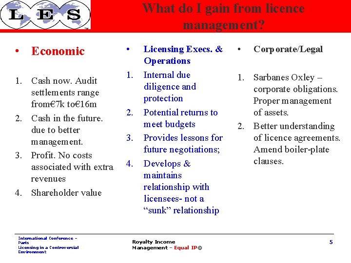 What do I gain from licence management? • Economic 1. Cash now. Audit settlements