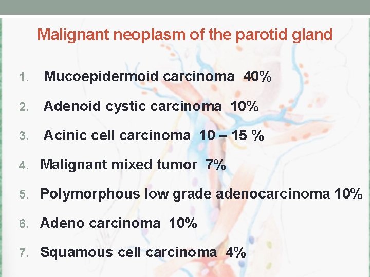 Malignant neoplasm of the parotid gland 1. Mucoepidermoid carcinoma 40% 2. Adenoid cystic carcinoma