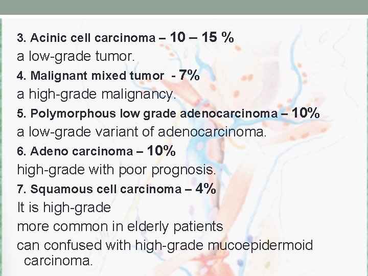 3. Acinic cell carcinoma – 10 – 15 % a low-grade tumor. 4. Malignant