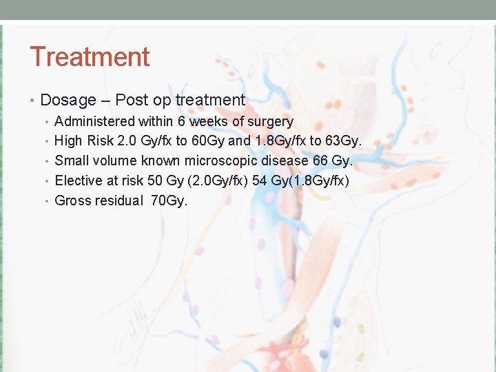 Treatment • Dosage – Post op treatment • Administered within 6 weeks of surgery