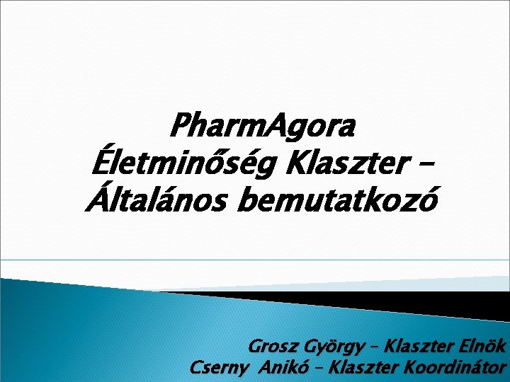 Pharm. Agora Életminőség Klaszter – Általános bemutatkozó Grosz György – Klaszter Elnök Cserny Anikó
