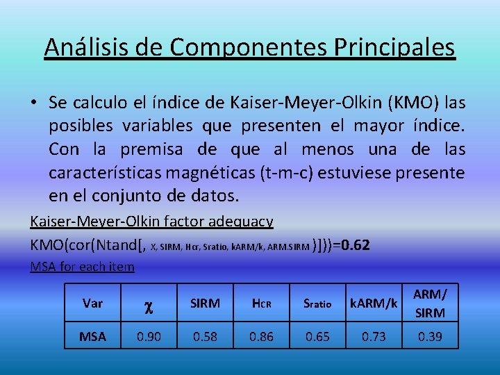Análisis de Componentes Principales • Se calculo el índice de Kaiser-Meyer-Olkin (KMO) las posibles