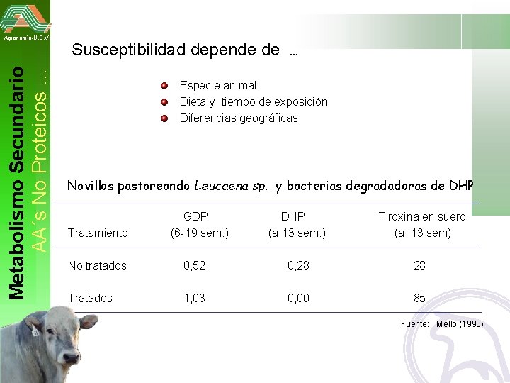 Metabolismo Secundario AA´s No Proteicos … Agronomía-U. C. V. Susceptibilidad depende de . .