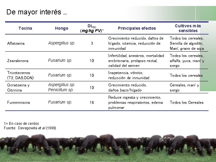 De mayor interés. . . Toxina Aflatoxina Hongo Aspergillus sp. DL 50 (mg/kg PV)1