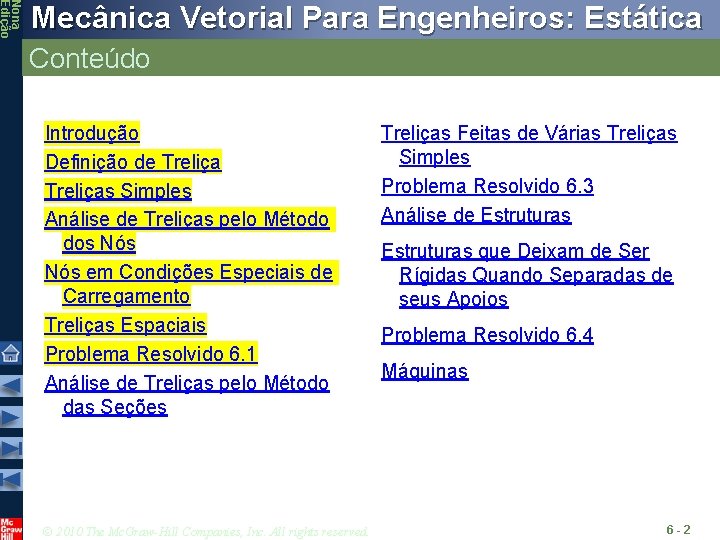 Nona Edição Mecânica Vetorial Para Engenheiros: Estática Conteúdo Introdução Definição de Treliças Simples Análise