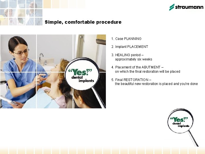 Simple, comfortable procedure 1. Case PLANNING 2. Implant PLACEMENT 3. HEALING period – approximately
