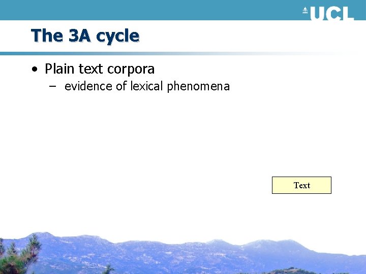 The 3 A cycle • Plain text corpora – evidence of lexical phenomena Text