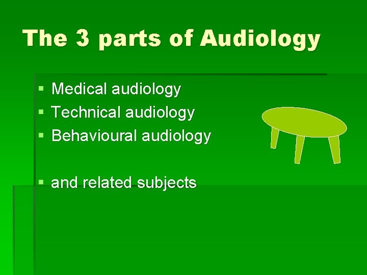 The 3 parts of Audiology § § § Medical audiology Technical audiology Behavioural audiology