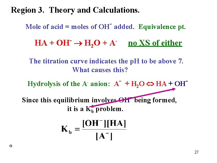 Region 3. Theory and Calculations. Mole of acid = moles of OH- added. Equivalence