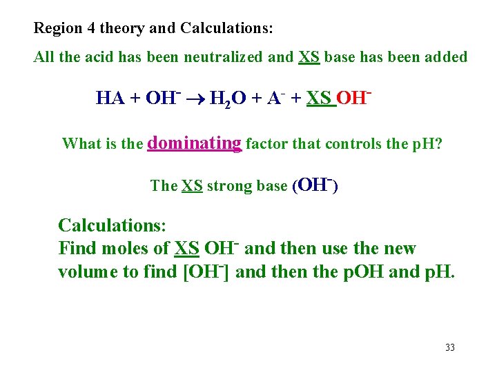 Region 4 theory and Calculations: All the acid has been neutralized and XS base