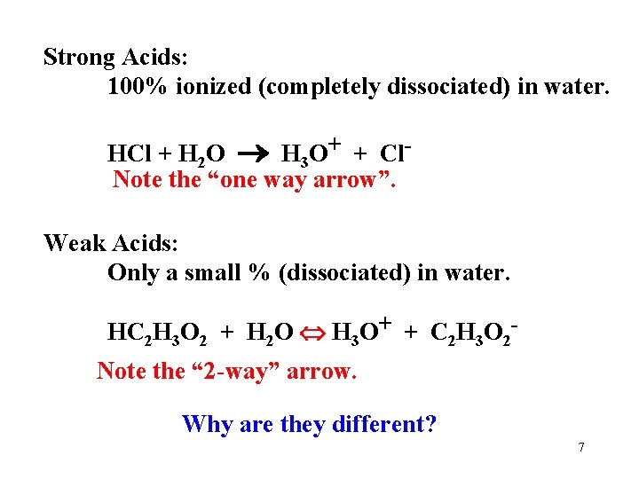 Strong Acids: 100% ionized (completely dissociated) in water. HCl + H 2 O H