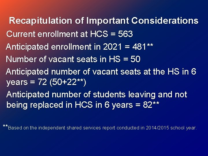Recapitulation of Important Considerations Current enrollment at HCS = 563 Anticipated enrollment in 2021