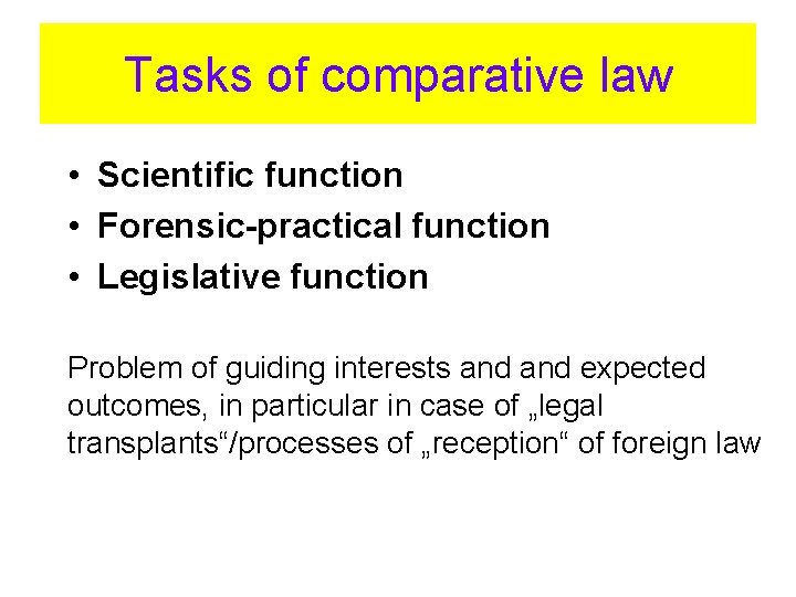 Tasks of comparative law • Scientific function • Forensic-practical function • Legislative function Problem
