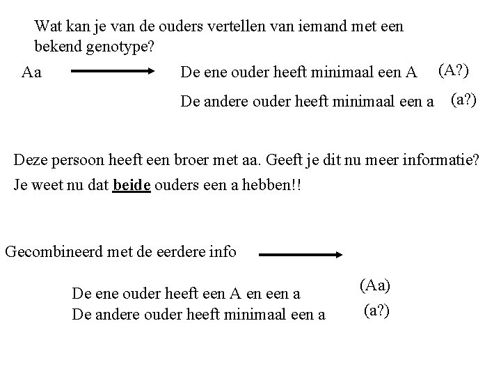 Wat kan je van de ouders vertellen van iemand met een bekend genotype? Aa Wat kan je van de ouders vertellen van iemand met een bekend genotype? Aa