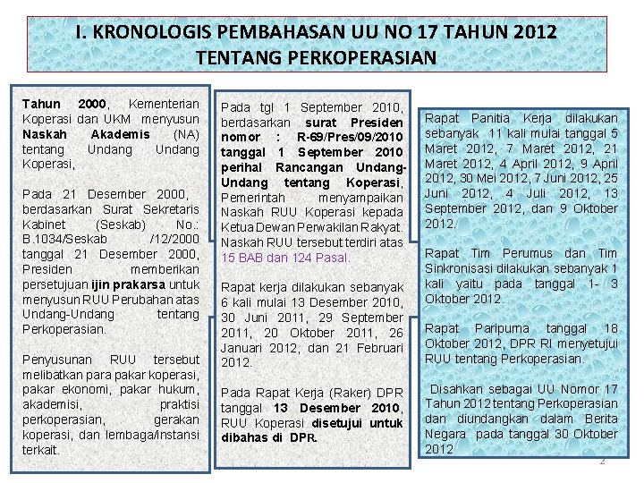 I. KRONOLOGIS PEMBAHASAN UU NO 17 TAHUN 2012 TENTANG PERKOPERASIAN Tahun 2000, Kementerian Koperasi