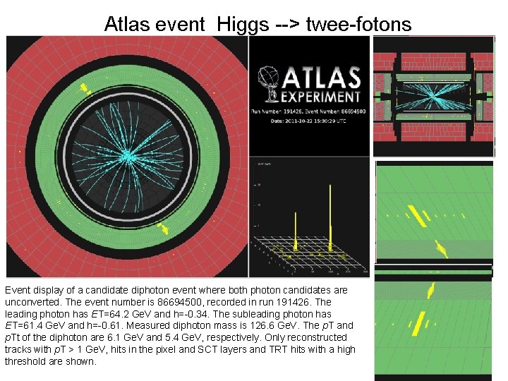 Atlas event Higgs --> twee-fotons Event display of a candidate diphoton event where both