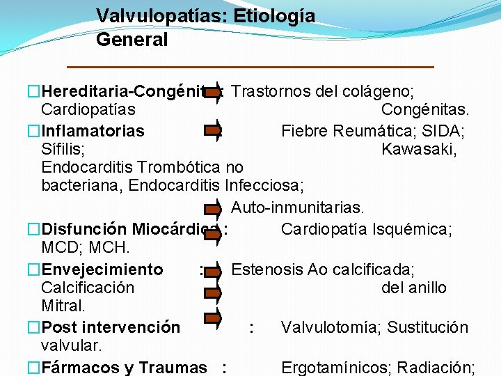 Valvulopatías: Etiología General �Hereditaria-Congénita : Trastornos del colágeno; Cardiopatías Congénitas. �Inflamatorias : Fiebre Reumática; Valvulopatías: Etiología General �Hereditaria-Congénita : Trastornos del colágeno; Cardiopatías Congénitas. �Inflamatorias : Fiebre Reumática;