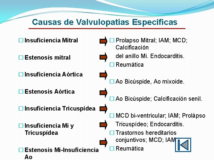 Causas de Valvulopatías Específicas � Insuficiencia Mitral � Estenosis mitral � Prolapso Mitral; IAM; Causas de Valvulopatías Específicas � Insuficiencia Mitral � Estenosis mitral � Prolapso Mitral; IAM;