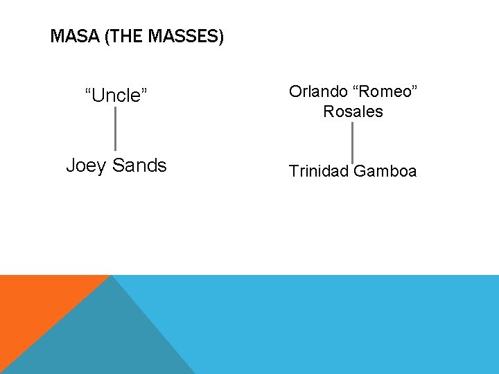 MASA (THE MASSES) “Uncle” Orlando “Romeo” Rosales Joey Sands Trinidad Gamboa 