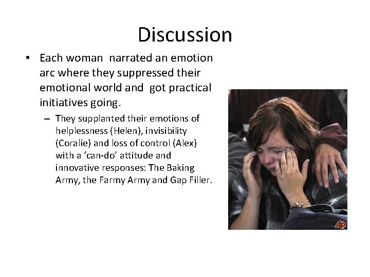 Discussion • Each woman narrated an emotion arc where they suppressed their emotional world Discussion • Each woman narrated an emotion arc where they suppressed their emotional world