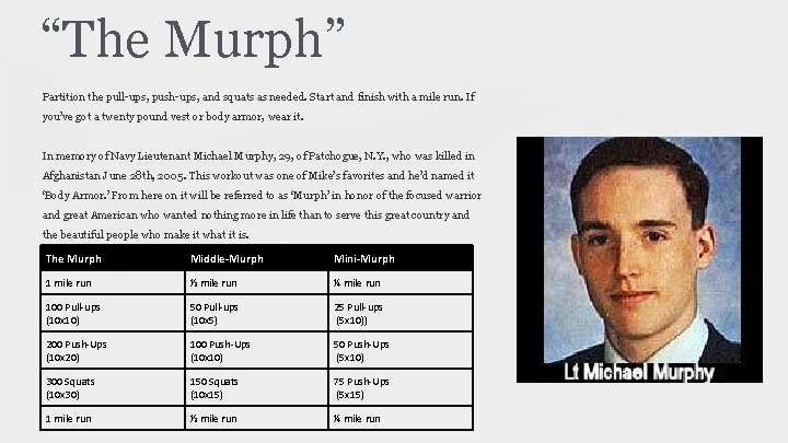 “The Murph” Partition the pull-ups, push-ups, and squats as needed. Start and finish with