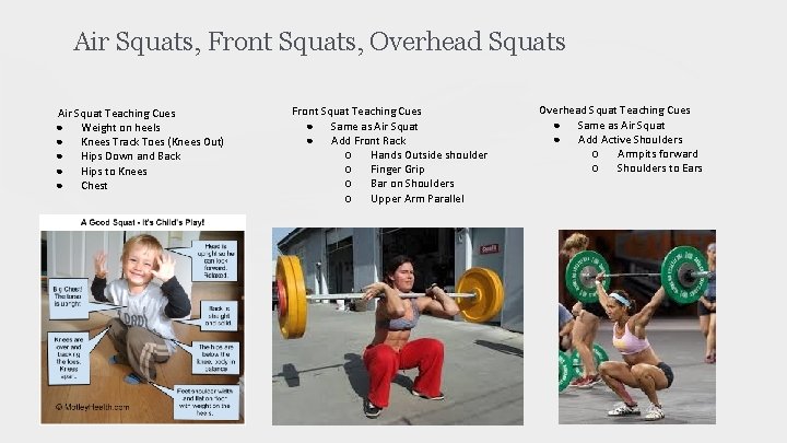 Air Squats, Front Squats, Overhead Squats Air Squat Teaching Cues ● Weight on heels