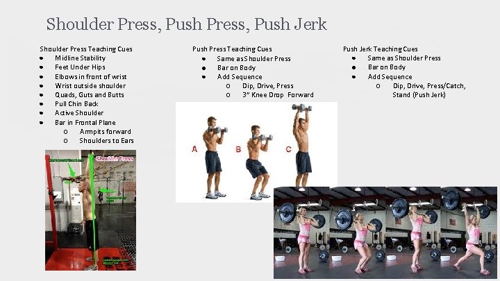 Shoulder Press, Push Jerk Shoulder Press Teaching Cues ● Midline Stability ● Feet Under