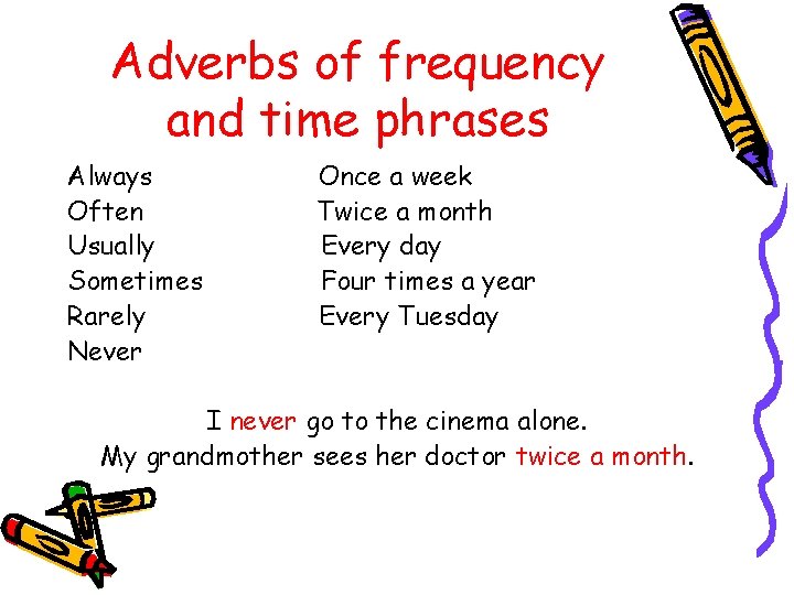 Adverbs of frequency and time phrases Always Often Usually Sometimes Rarely Never Once a