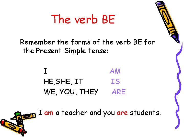 The verb BE Remember the forms of the verb BE for the Present Simple