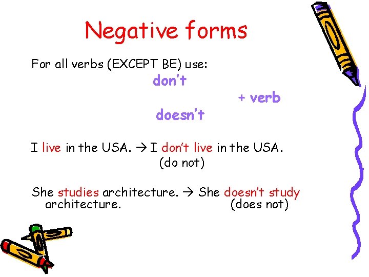 Negative forms For all verbs (EXCEPT BE) use: don’t doesn’t + verb I live