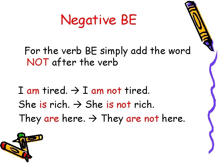 Negative BE For the verb BE simply add the word NOT after the verb