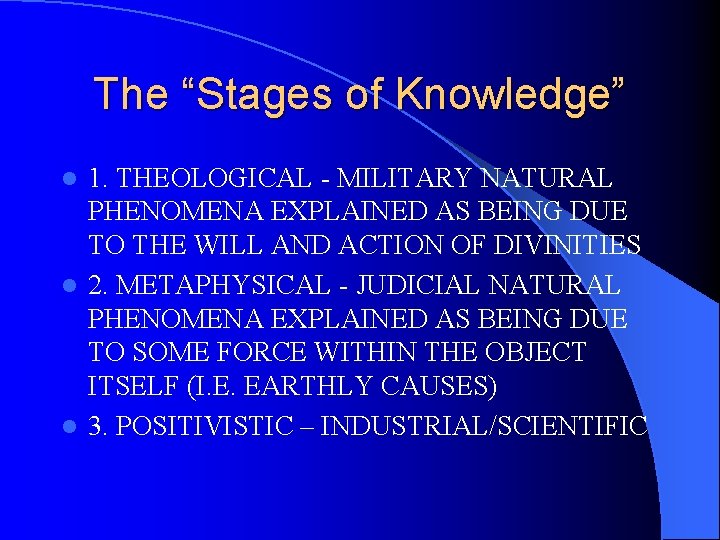 The “Stages of Knowledge” 1. THEOLOGICAL - MILITARY NATURAL PHENOMENA EXPLAINED AS BEING DUE