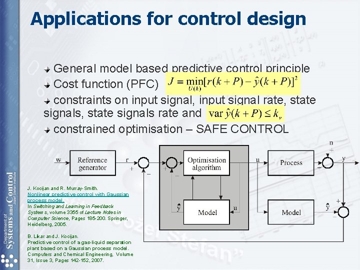 Applications for control design General model based predictive control principle Cost function (PFC) constraints Applications for control design General model based predictive control principle Cost function (PFC) constraints