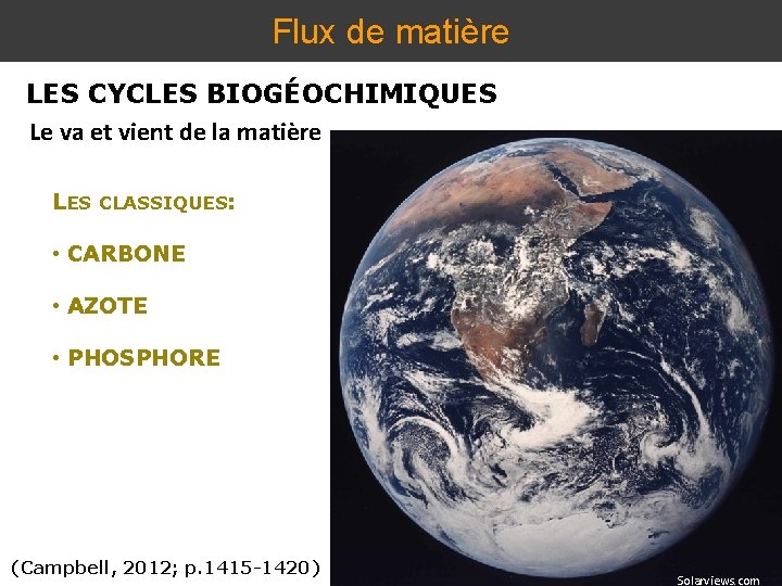 Flux de matière LES CYCLES BIOGÉOCHIMIQUES Le va et vient de la matière LES